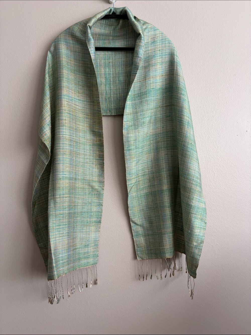 Jim Thompson 100% Thai Silk Scarf Plaid Wrap 17x80 Green Aqua